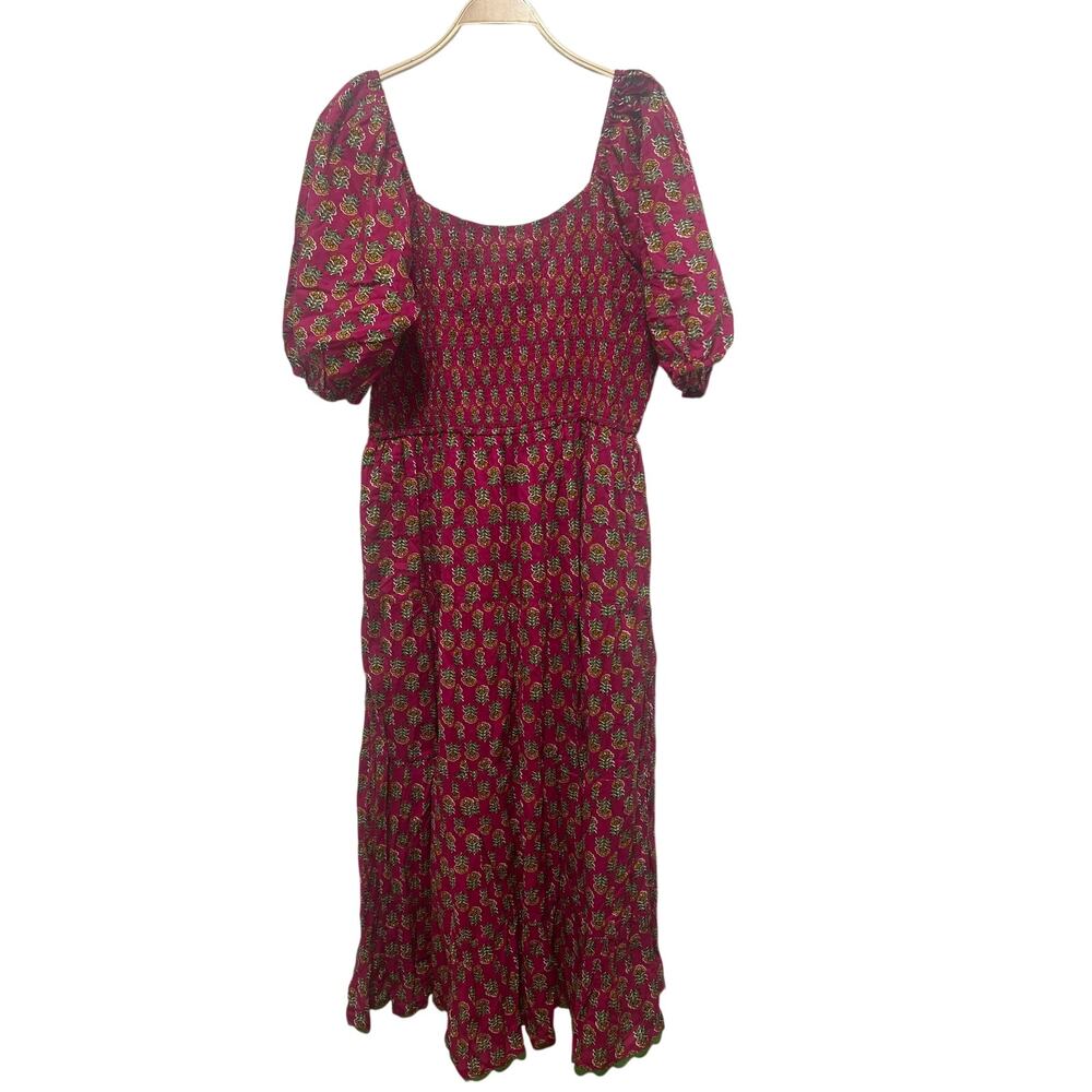 Lea Pink Floral Smocked Puff Shoulders 100% Cotton Pockets Maxi Dress 1X NWT